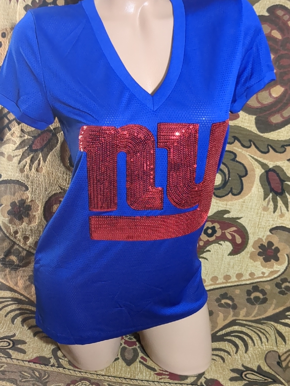 PINK Victoria's Secret Royal Blue V-Neck Tee with Red Sequin Logo NFL jersey